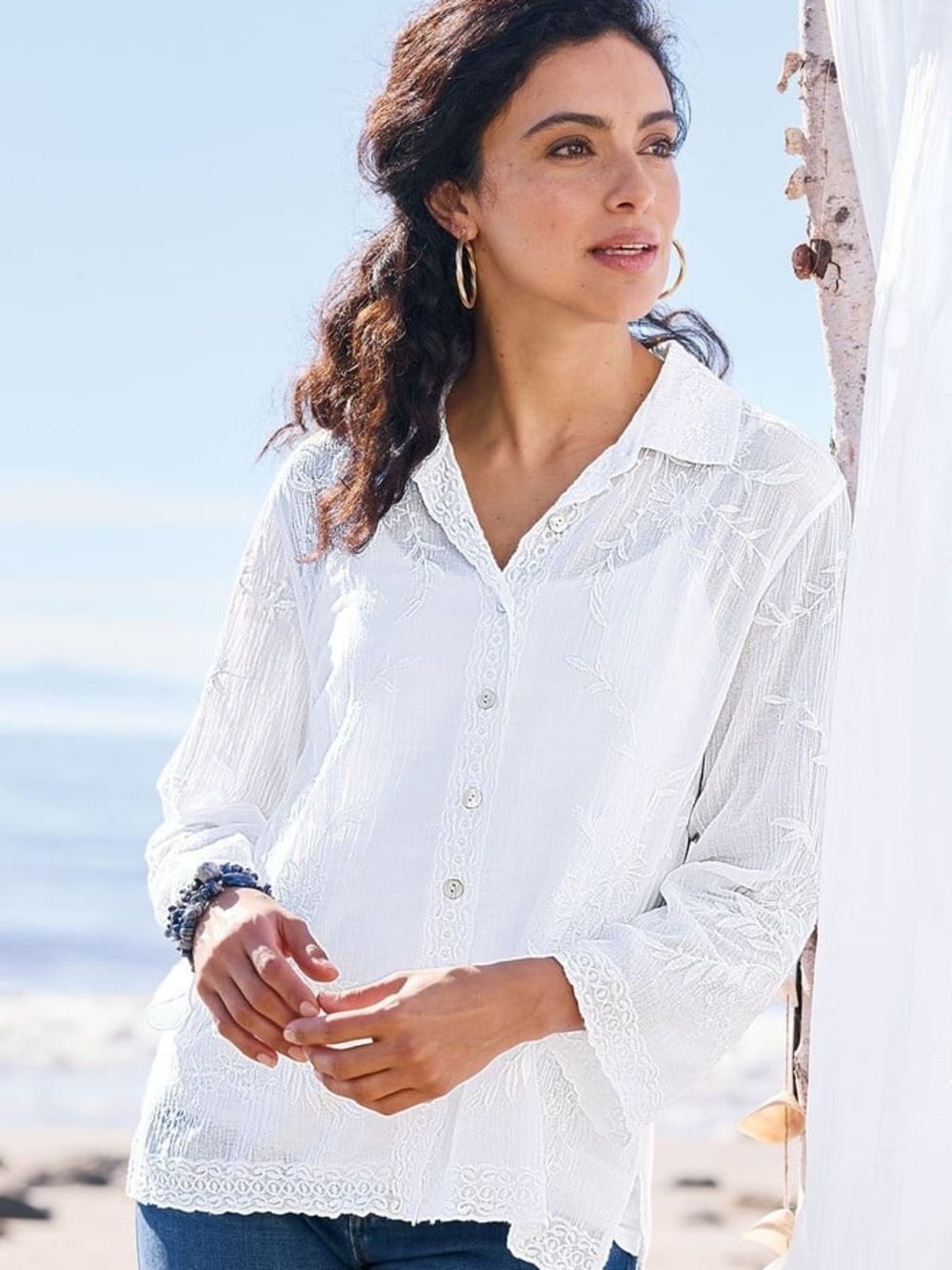 Soft Surroundings White Embroidered Cotton Bracelet Slv Big Shirt